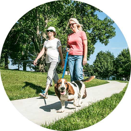 Two women walking their dog in a suburban neighborhood